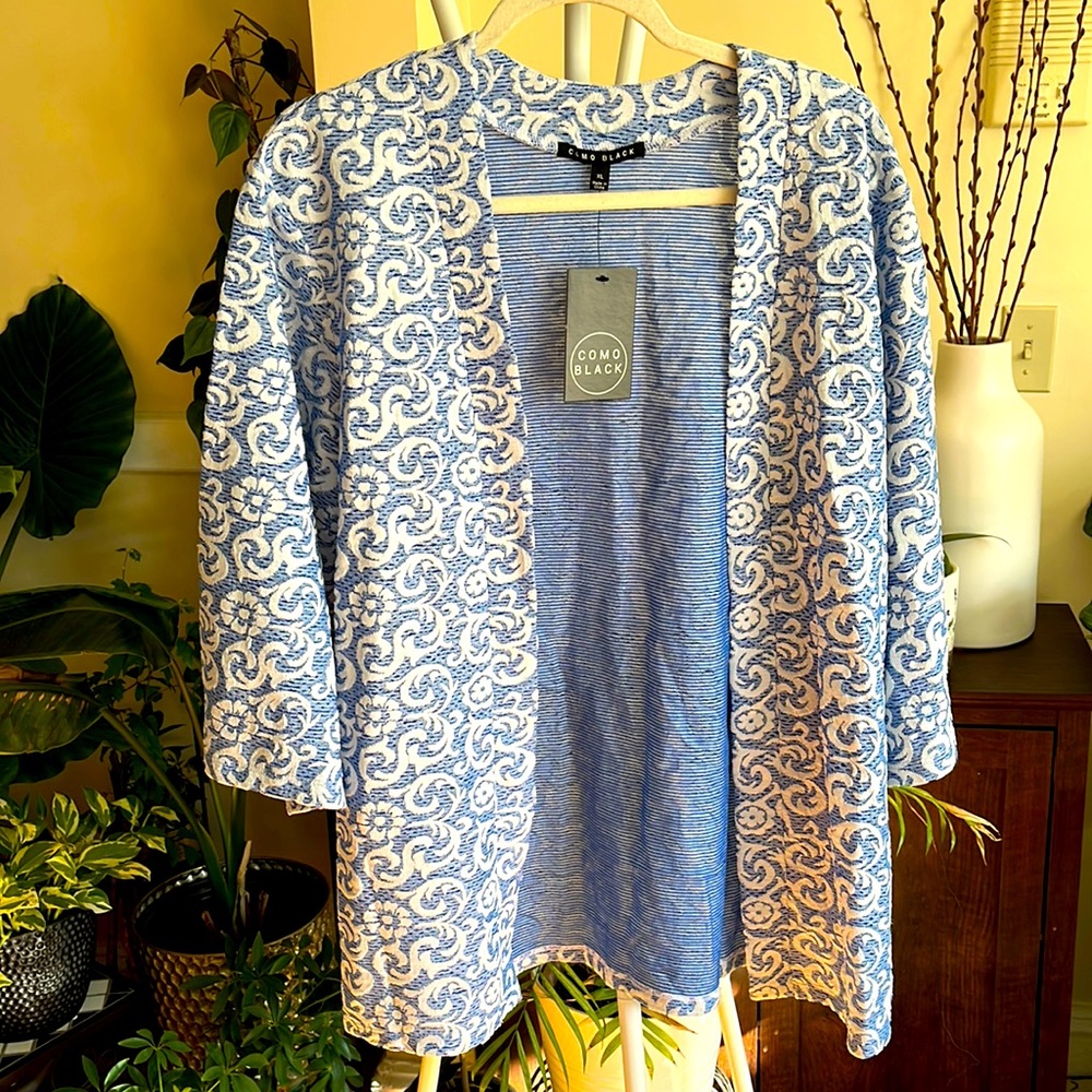 💙Como Black Soft Blue & White Floral Print Kimono Jacket for Women-XL- NWT